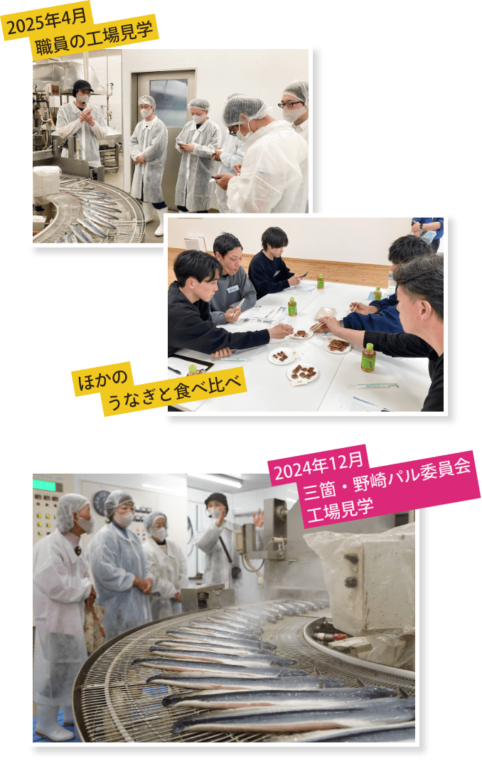 2025年4月職員の工場見学 ほかのうなぎと食べ比べ 2024年12月三箇・野崎パル委員会工場見学