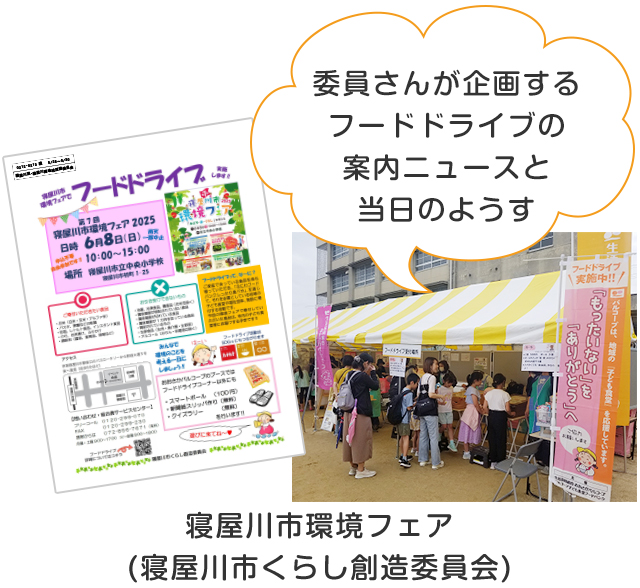 委員さんが企画するフードドライブの案内ニュースと当日のようす