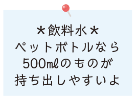 飲料水：ペットボトルなら500mlのものが持ち出しやすいよ