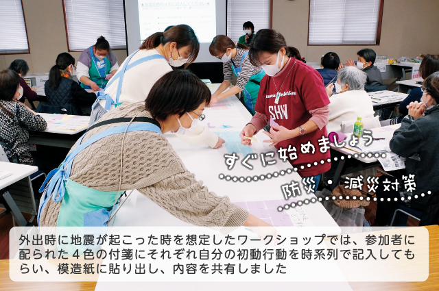 外出時に地震が起こった時を想定したワークショップでは、参加者に配られた４色の付箋にそれぞれ自分の初動行動を時系列で記入してもらい、模造紙に貼り出し、内容を共有しました