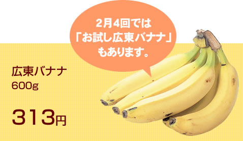 ２月４回では「お試し広東バナナ」もあります。広東バナナ600g313円
