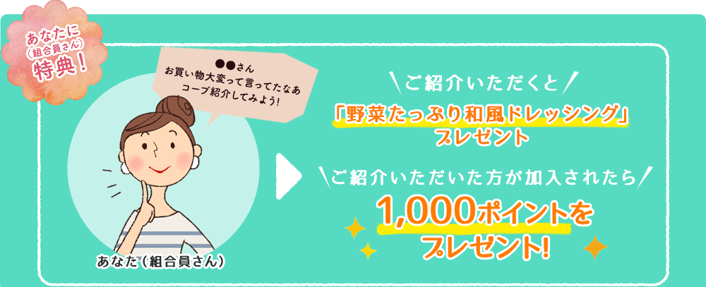 あなたに（組合員さん） 特典！ご紹介いただいた方がコープの宅配にご加入されたら1,000ポイントをプレゼント！