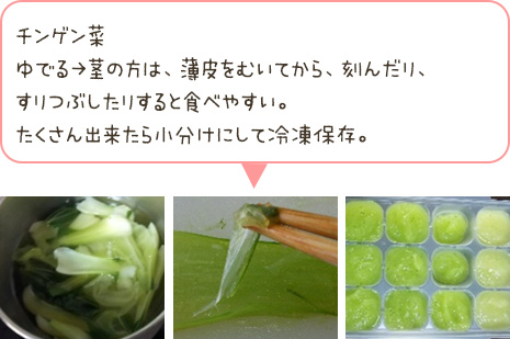 チンゲン菜 ゆでる→茎の方は、薄皮をむいてから、刻んだり、すりつぶしたりすると食べやすい。たくさん出来たら小分けにして冷凍保存