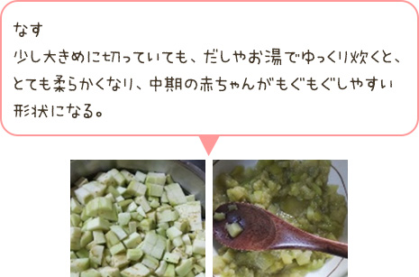 なす 少し大きめに切っていても、だしやお湯でゆっくり炊くと、とても柔らかくなり、中期の赤ちゃんがもぐもぐしやすい形状になる。