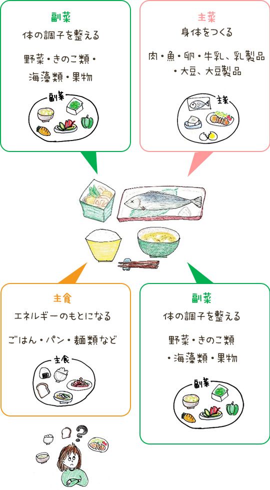 主食：エネルギーのもとになる。主菜：身体をつくる。副菜：体の調子を整える。