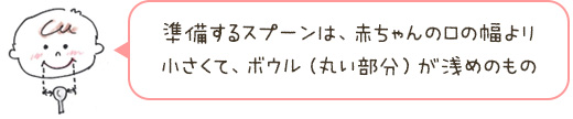 準備するスプーンは、赤ちゃんの口の幅より小さくて、ボウル（丸い部分）が浅めのもの