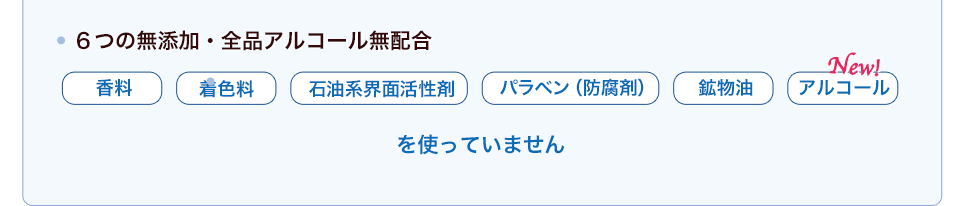 ６つの無添加・全品アルコール無配合 香料 着色料 石油系界面活性剤 パラベン（防腐剤）鉱物油 アルコール