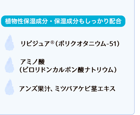 植物性成分・保湿成分もしっかり配合 リピジュア（ポリクオタニウム-51）  アミノ酸（ピロリドンカルボン酸ナトリウム） アンズ果汁、ミツバアケビ茎エキス