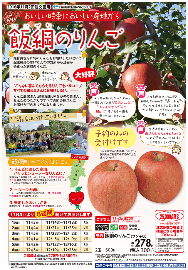 生活協同組合おおさかパルコープ 11月2回おすすめ 大好評 旬をお届け 飯綱のりんご 予約