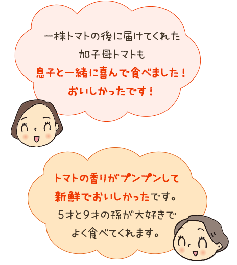 一株トマトの後に届けてくれた加子母トマトも息子と一緒に喜んで食べました！おいしかったです！