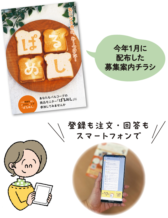 今年1月に配布した募集案内チラシ。登録も注文・回答もスマートフォンで